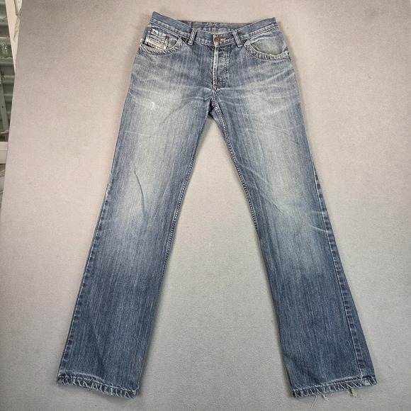 Diesel Jeans Mens 30 Blue Straight Leg Distressed Medium Wash Frayed Hem Denim - Picture 1 of 12